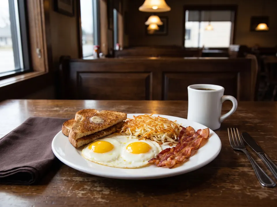 A diner breakfast on a white plate, eggs, hash browns, toast and bacon, with a mug of black coffee on a dark wooden table.